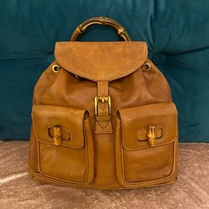 GUCCI BAMBOO HANDLE BROWN LEATHER BACKPACK-Authentic, Very Good Condition.